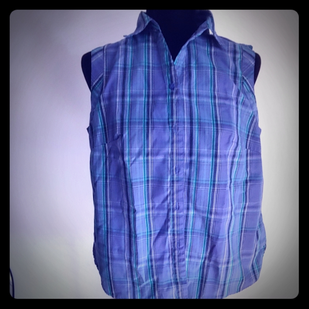 Plaid Blue sleeveless shirt.